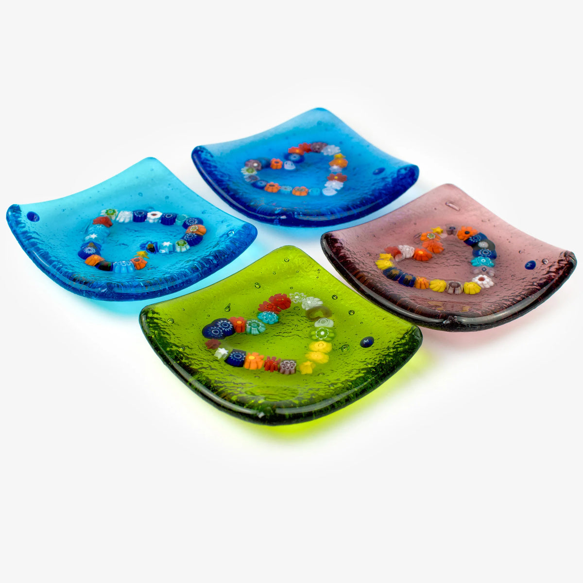 Murano glass heart-shaped catch-all dish with colorful Millefiori design, 3.25 inches, decorative Murano glass tray.