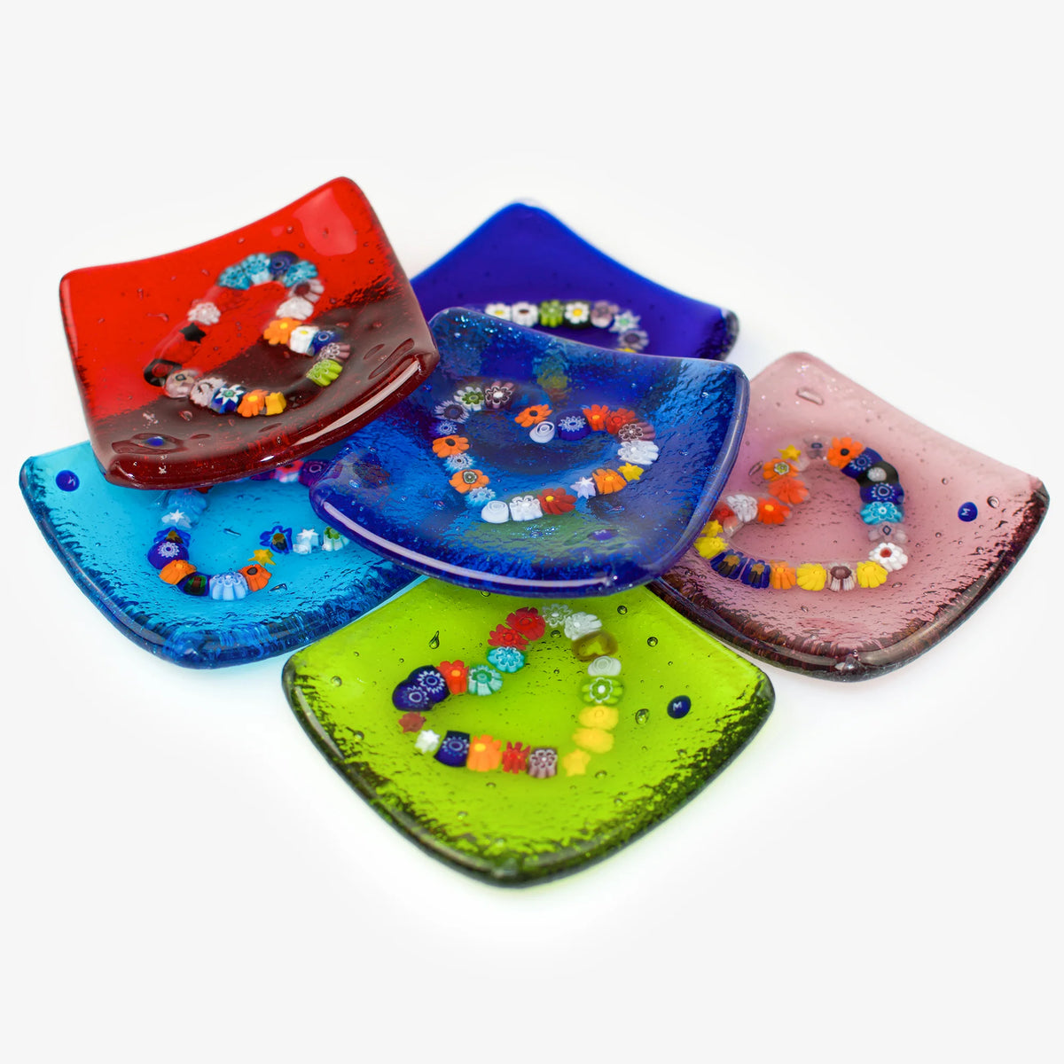 Clear Murano glass heart-shaped dish with colorful Millefiori pattern, 3.25 inches, decorative catch-all tray from MyItalianDecor.