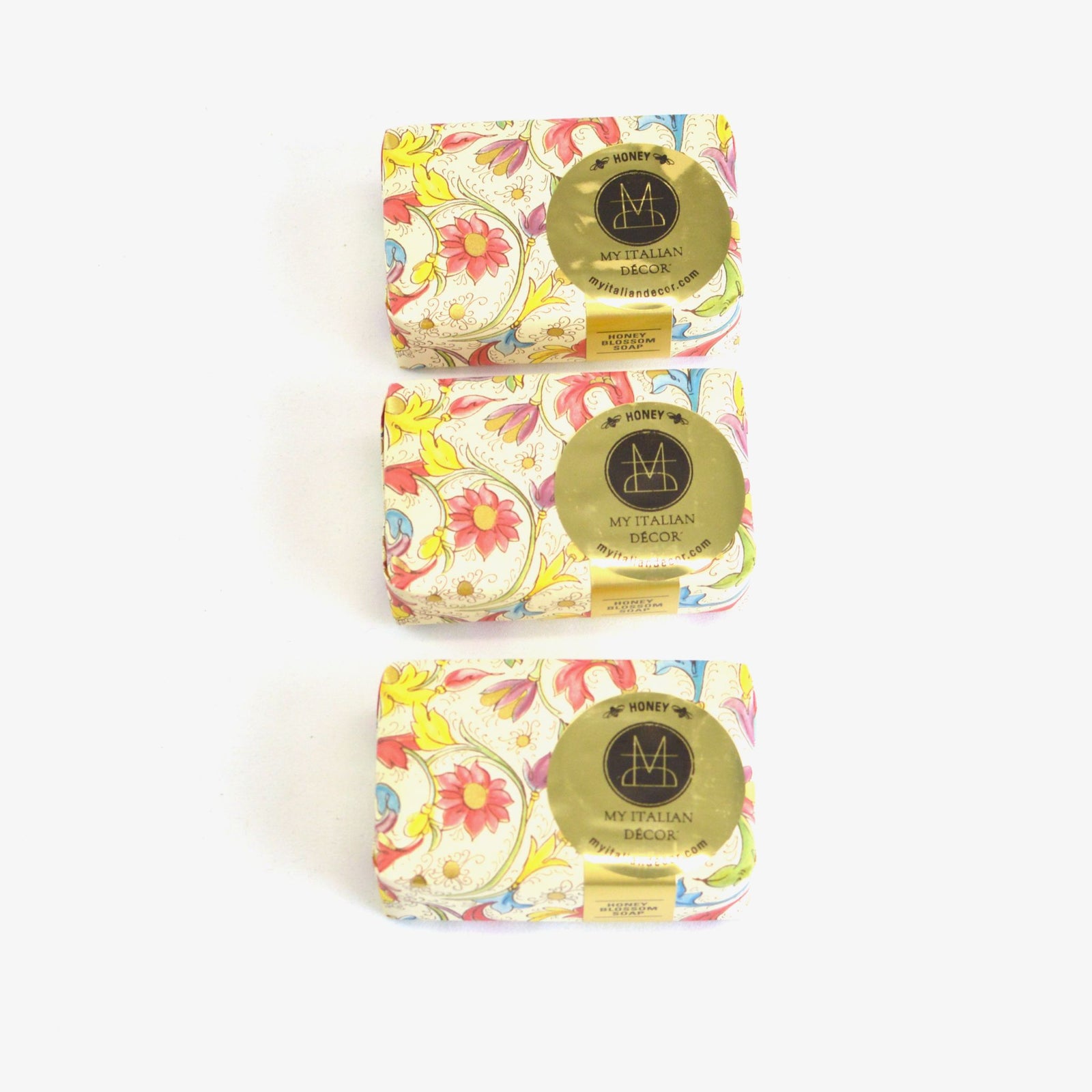 Set of 3 Honey Blossom soaps wrapped in elegant Florentine paper, natural floral scent, handcrafted by My Italian Decor.