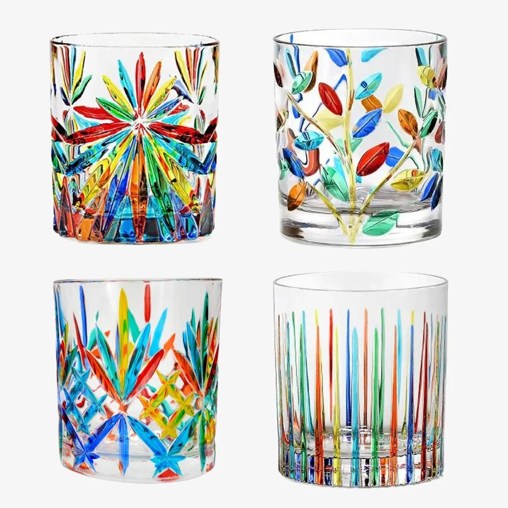 Italian Hand-Painted Crystal Cocktail Glasses – Set of 4 Assorted Designs