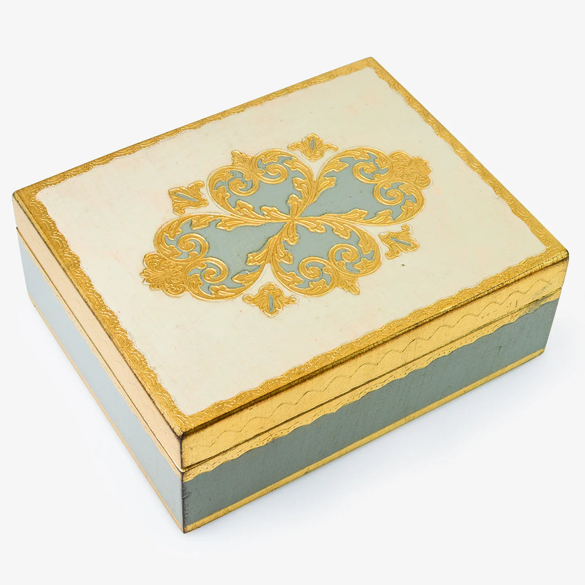 Large Florentine carved rectangle jewelry box by My Italian Decor with elegant fog finish and detailed decorative design.