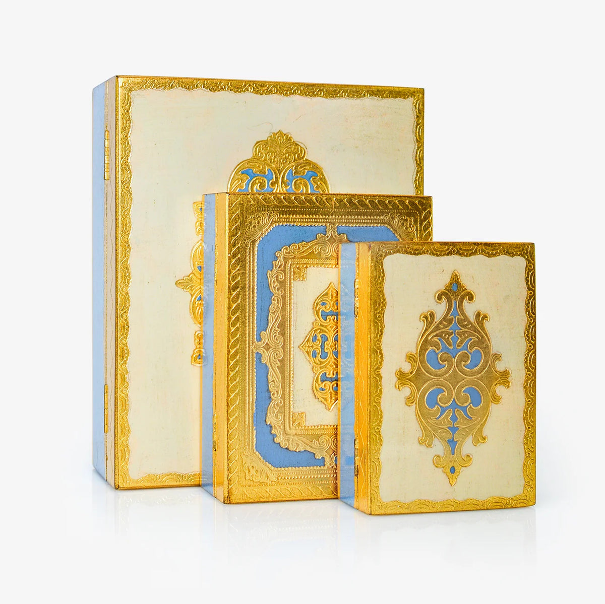Florentine carved wood jewelry box in Capri blue with intricate patterns, 5x7 inches, from My Italian Decor.