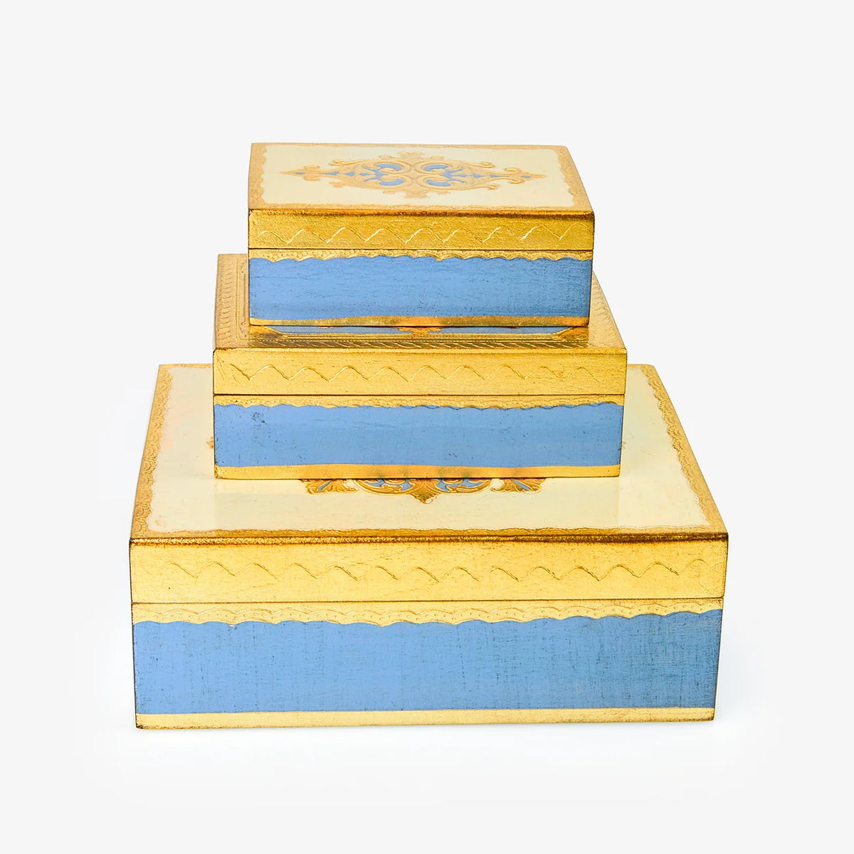 Florentine carved blue wood jewelry box by My Italian Decor, 5x7 inch storage case with intricate detailing and elegant design.