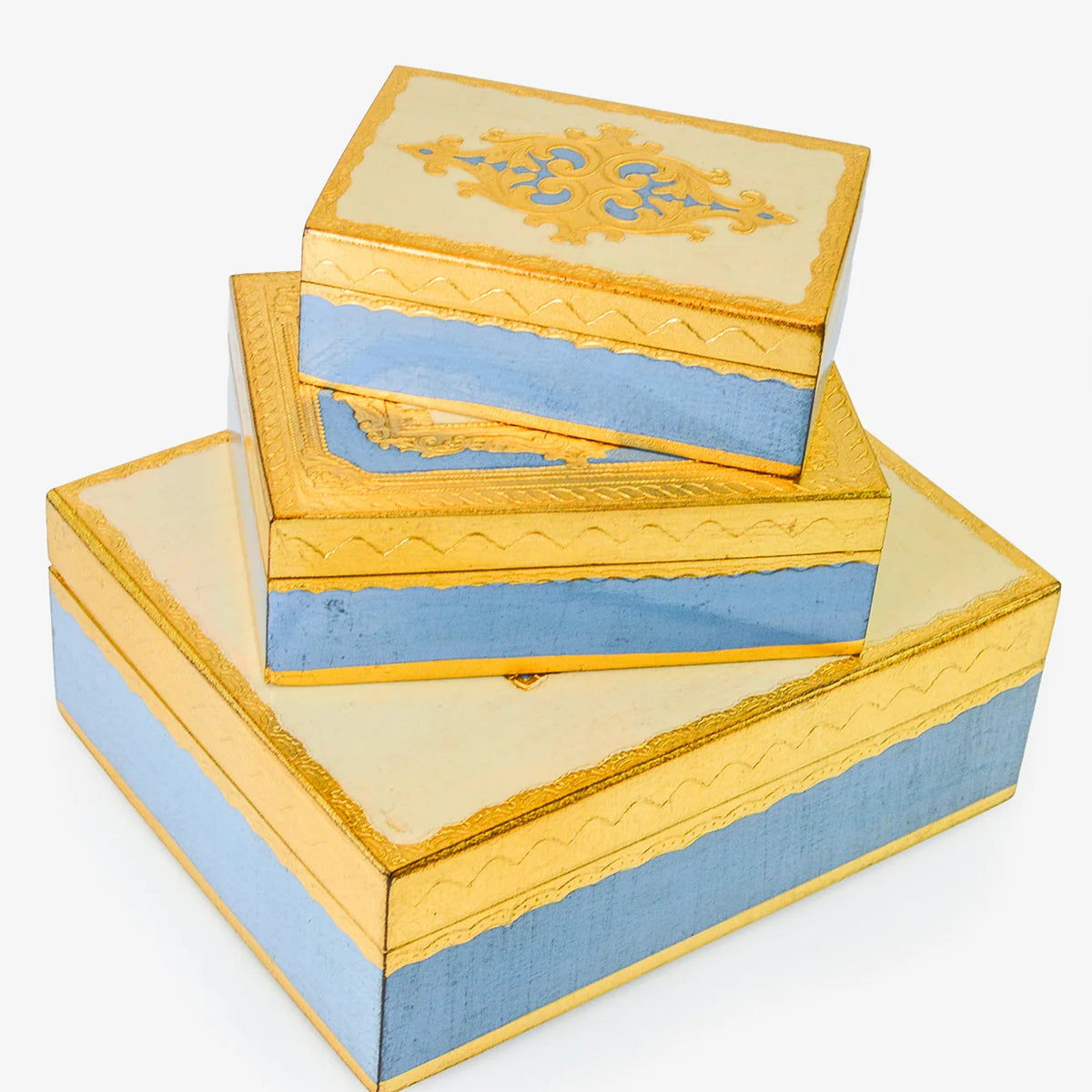 Florentine carved wood jewelry and storage box in Capri blue, 5x7 inches, with detailed floral and geometric patterns, by My Italian Decor.