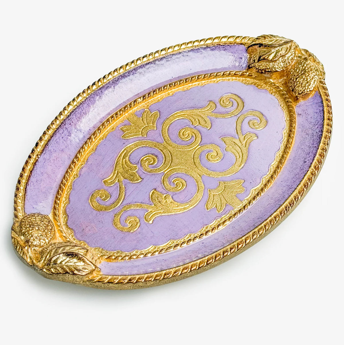 Decorative oval wooden tray with carved lemon design in lilac, perfect for serving or home decor by My Italian Decor.