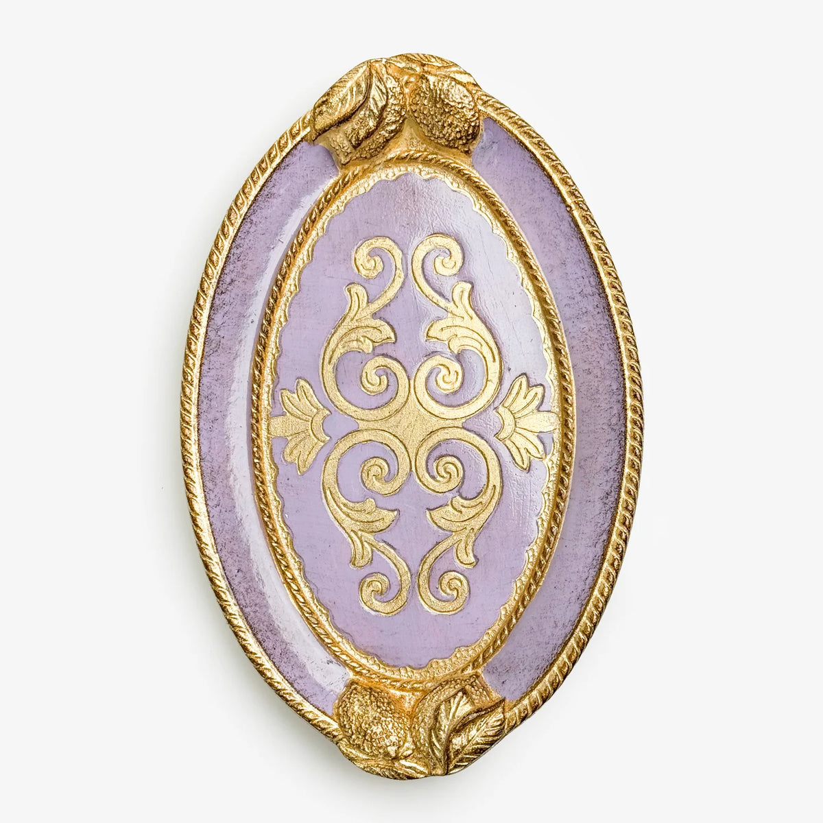 Decorative Florentine carved wood small oval tray with lemon design, featuring a lilac finish, by My Italian Decor.