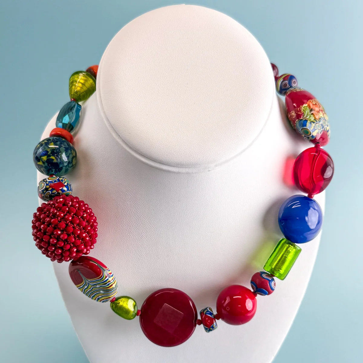 Venetian red Murano glass statement necklace featuring colorful glass beads, handmade by My Italian Decor.