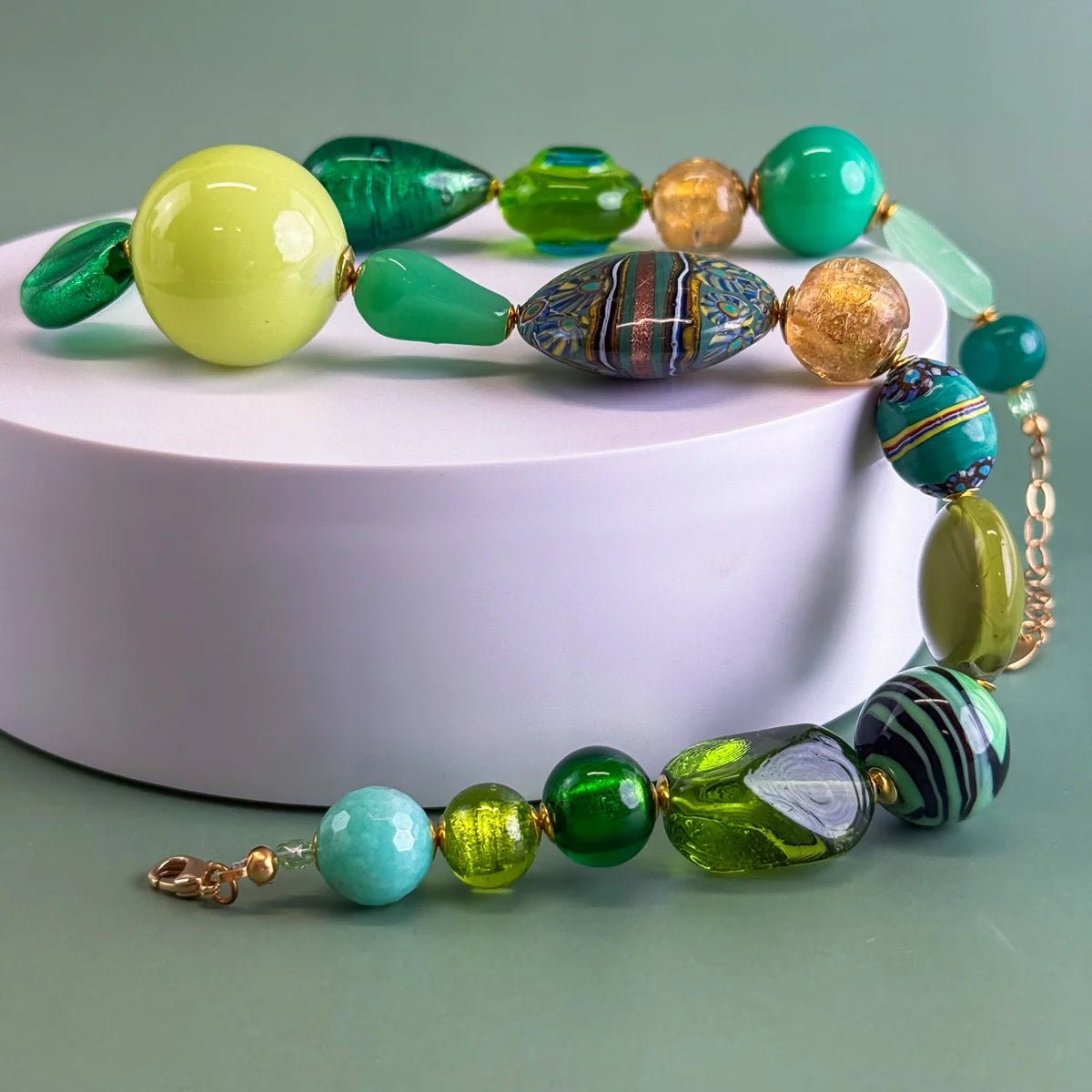Venetian Verde Murano glass statement necklace with colorful beads, handcrafted by My Italian Decor.
