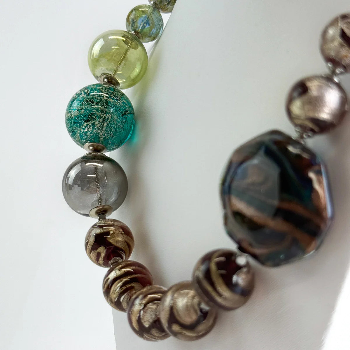 Luxury Murano glass statement necklace with earth-tone beads, featuring the "Laguna Mist" design by My Italian Decor.