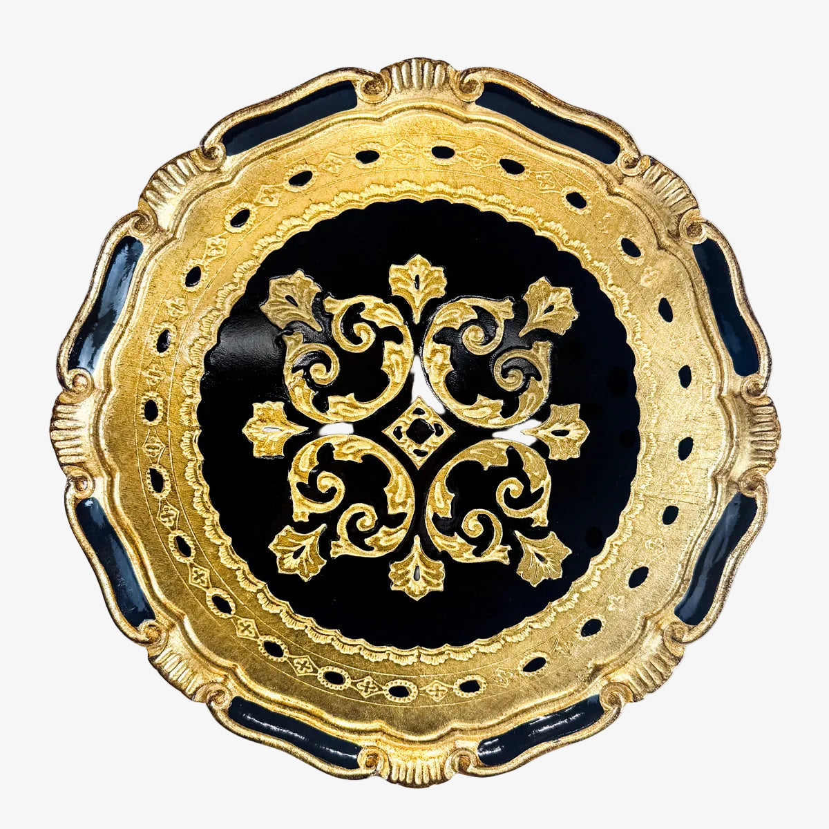Decorative Florentine carved gilded wood circle tray by My Italian Decor, featuring intricate Italian craftsmanship on a large black tray.