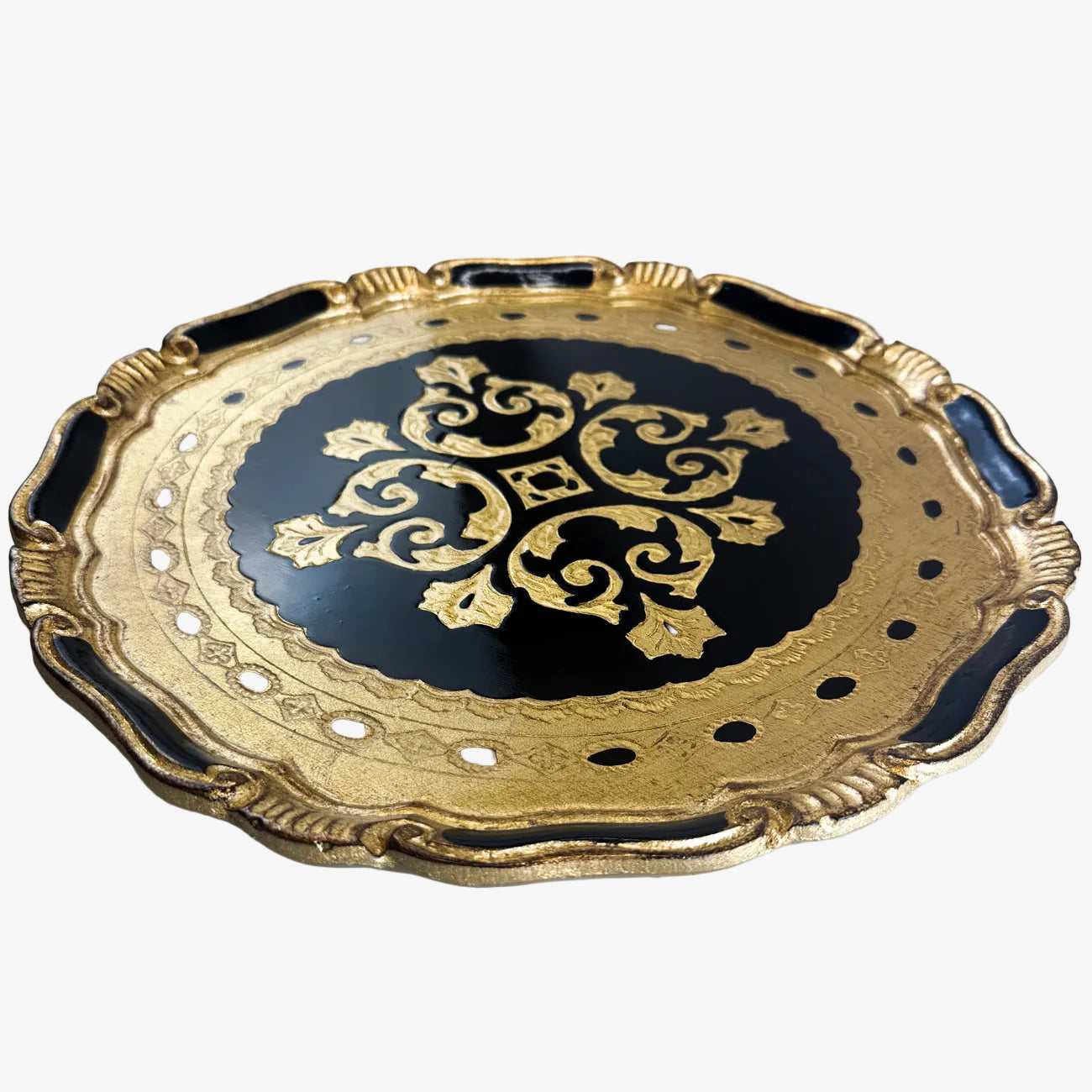 Decorative Florentine carved gilded wood circle tray with intricate patterns, made in Italy, by My Italian Decor.