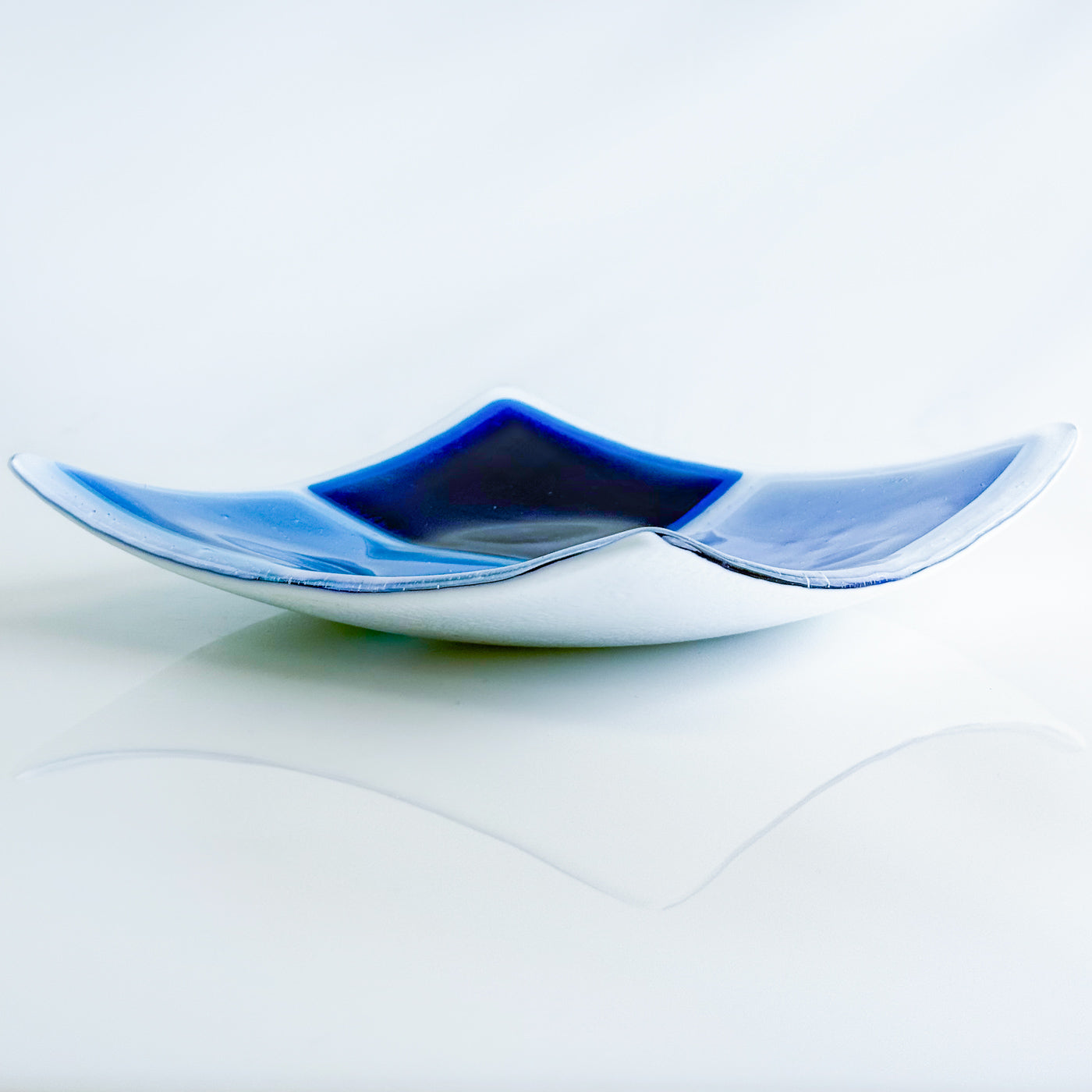 Square art glass dish by My Italian Decor, 7.8-inch decorative tray with blue and silver Murano glass design.