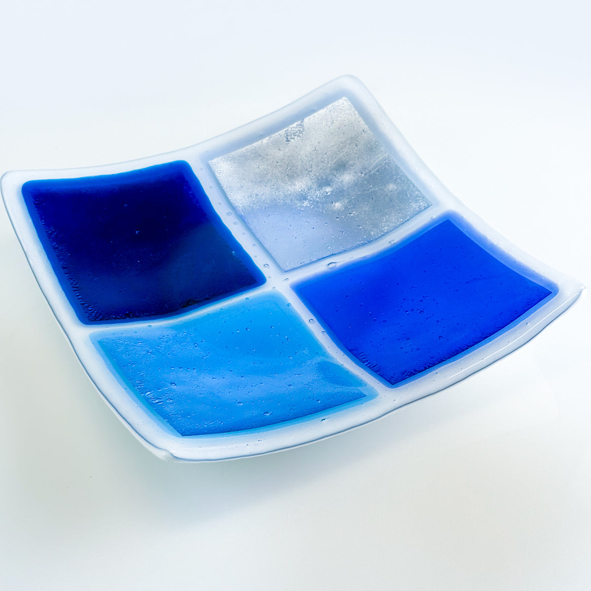 Square Art Glass Dish - 7.8" Murano Glass Blue & Silver