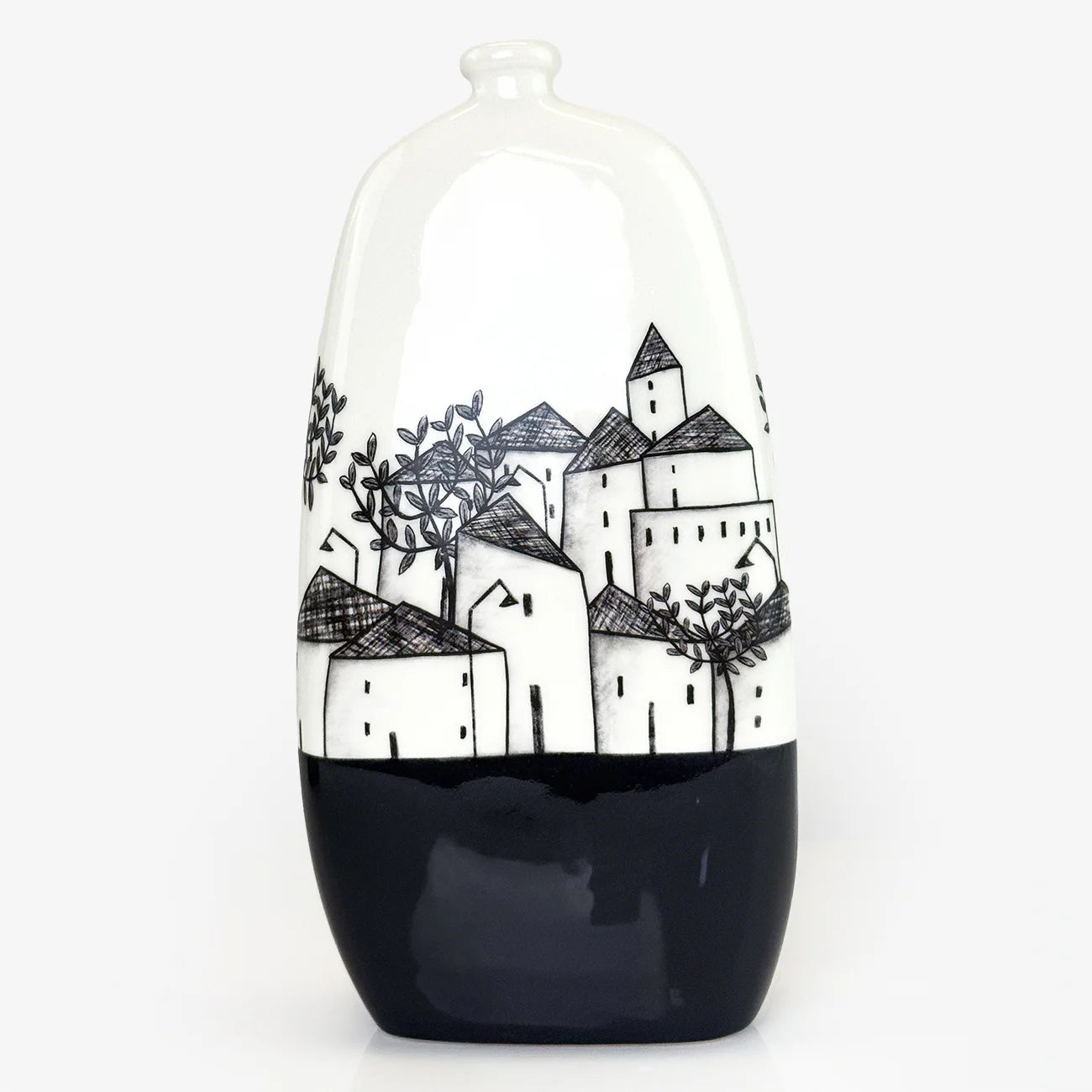 Three ceramic decorative vases with hand-painted black and white village scenes, displayed on a clean white background. The left vase has a black base, the center vase has a teal base, and the right vase has a bright yellow base.