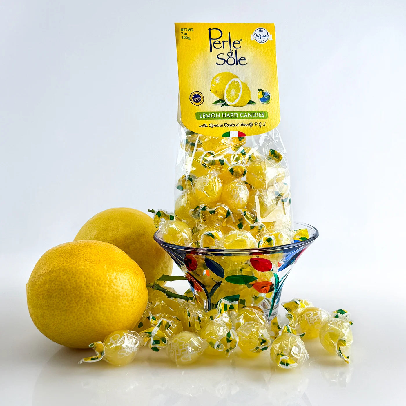 Lemon-shaped candy bowl filled with colorful Italian hard candies, decorative bowl from My Italian Decor.