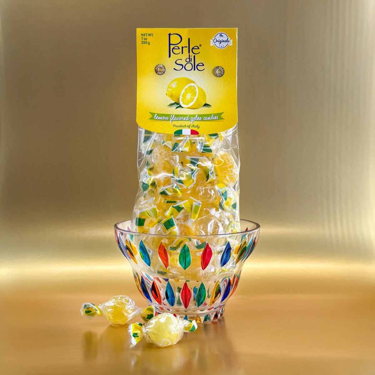Lemon-shaped candy bowl with assorted Italian hard candies by My Italian Decor, displayed as a decorative set.