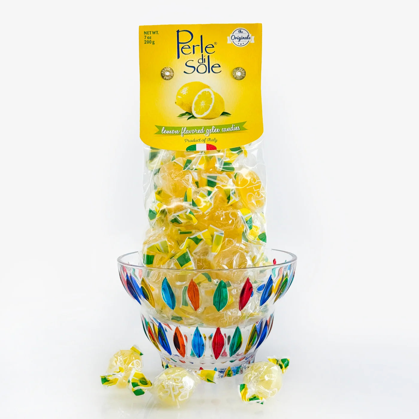 Lemon-themed candy bowl with Italian hard candies set by My Italian Decor, featuring a decorative glass bowl filled with colorful lemon candies.