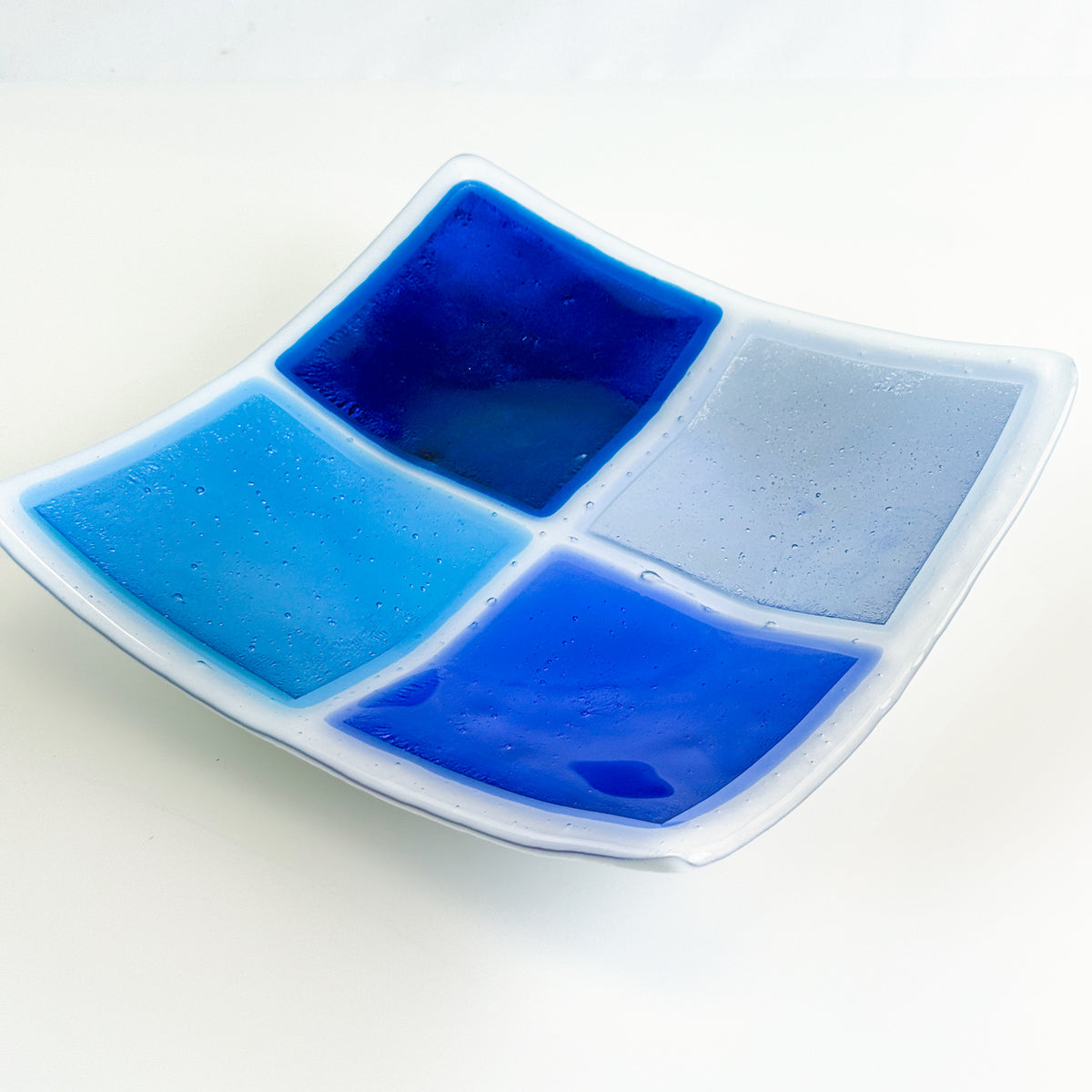 Square Art Glass Dish - 7.8" Murano Glass Blue & Silver