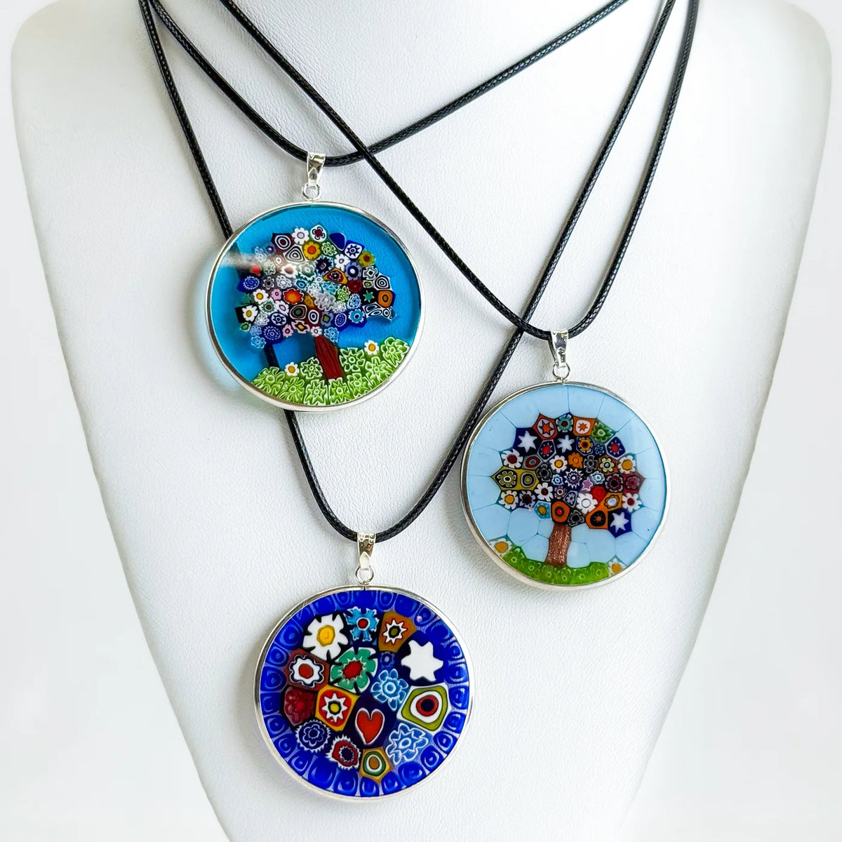 Sterling silver Millefiori Pendant Tree of Life necklace, 1.3-inch diameter, featuring colorful floral glass design in a large disc shape