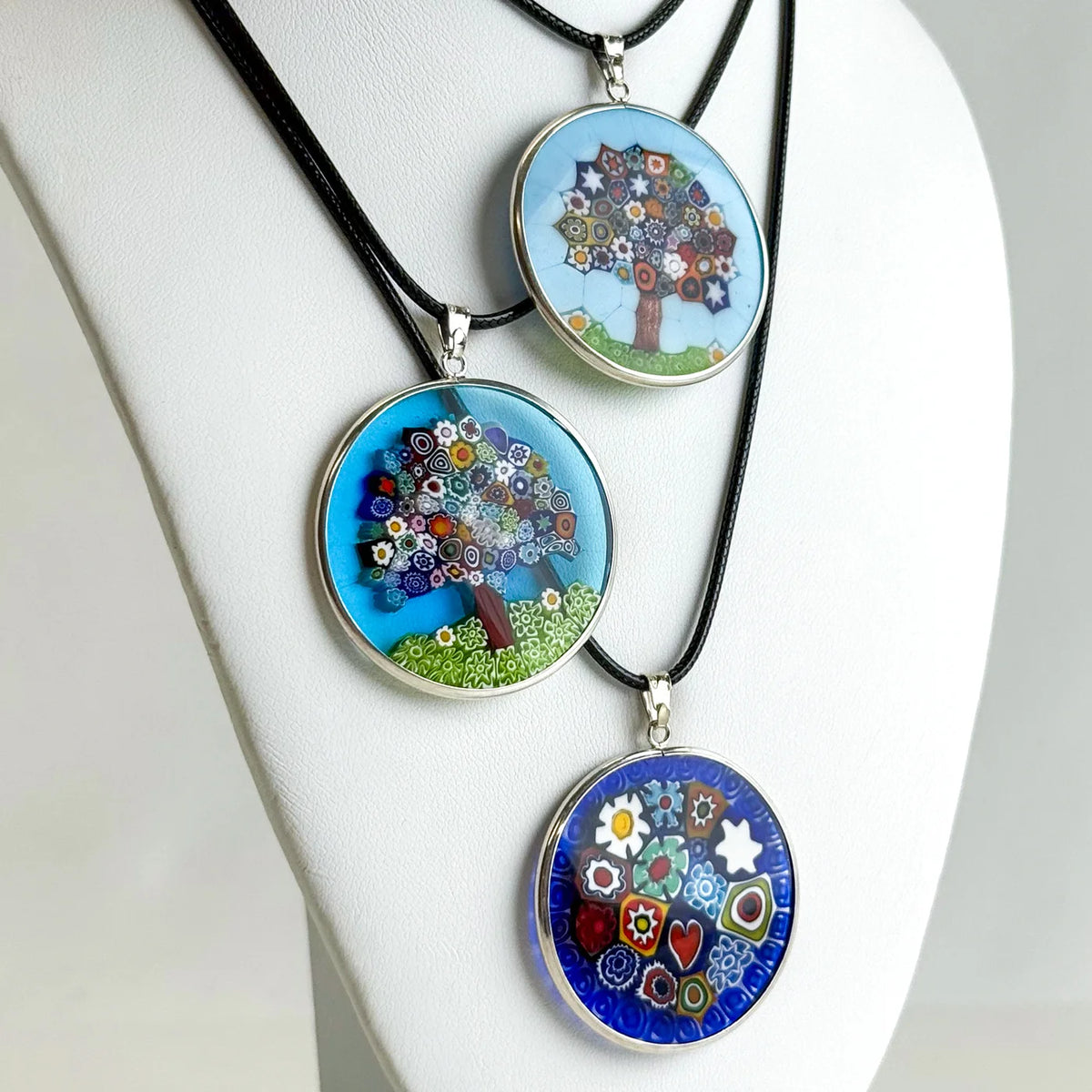 Sterling silver Millefiori Pendant Tree of Life necklace with 1.3-inch rim, crafted by My Italian Decor, featuring colorful glass mosaic design.