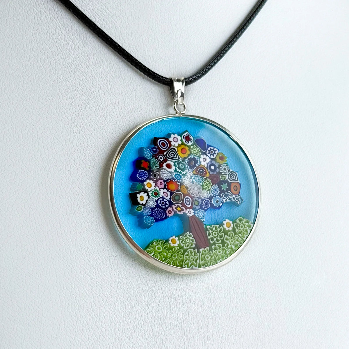 Sterling silver Millefiori Pendant Tree of Life necklace, 1.3-inch diameter, featuring colorful floral glass design on a silver rim