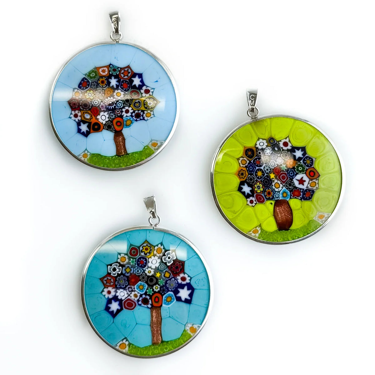 Sterling silver Millefiori Pendant Tree of Life necklace with 1.3-inch rim, featuring colorful floral glass design, by My Italian Decor