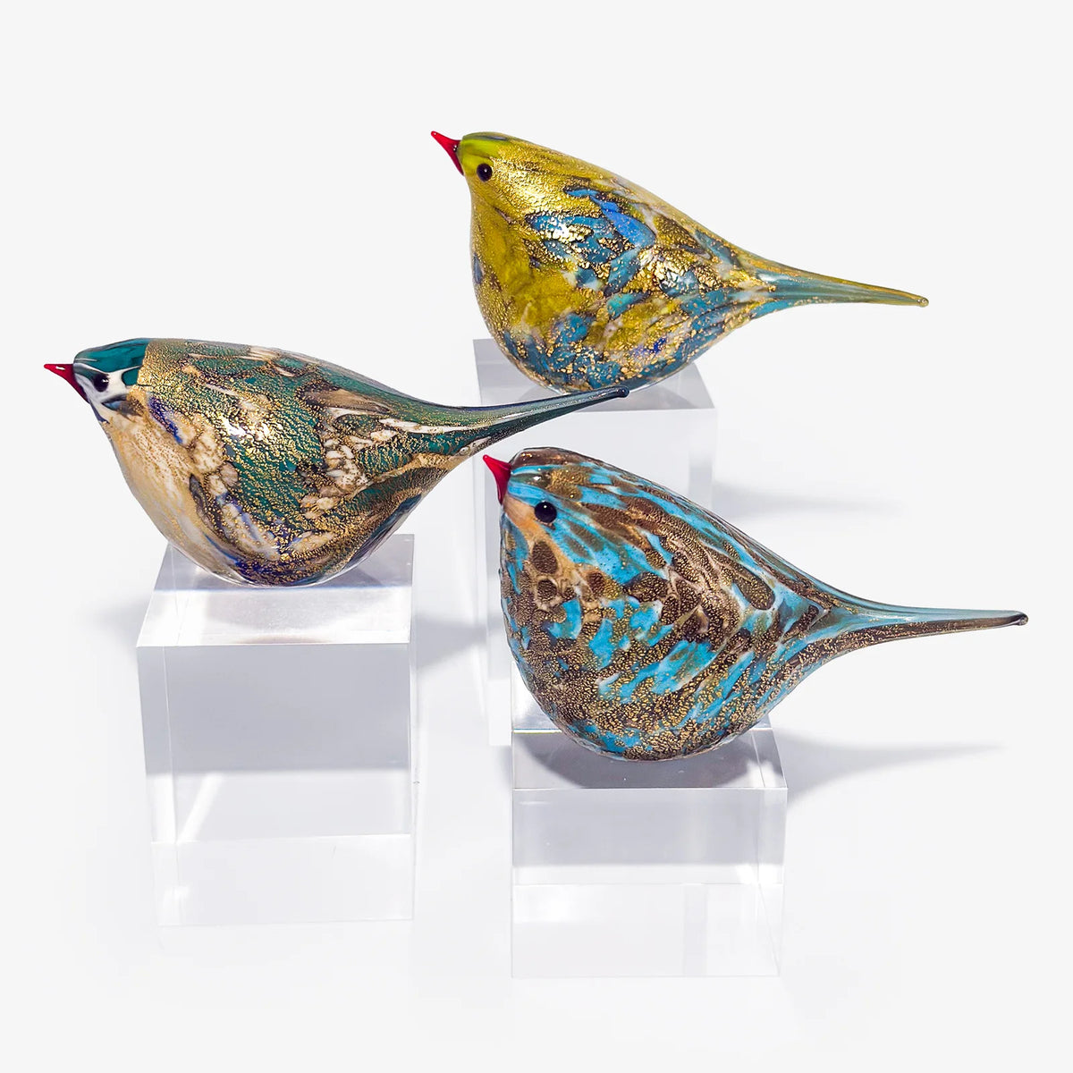 Blue and teal Murano glass hand-blown Chirpie bird figurine named Luigi, crafted by MyItalianDecor, showcasing intricate glass art.
