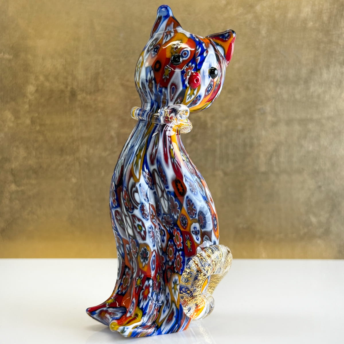 Murano Glass Kitty Cat Figurine, Millefiori, Made in Italy