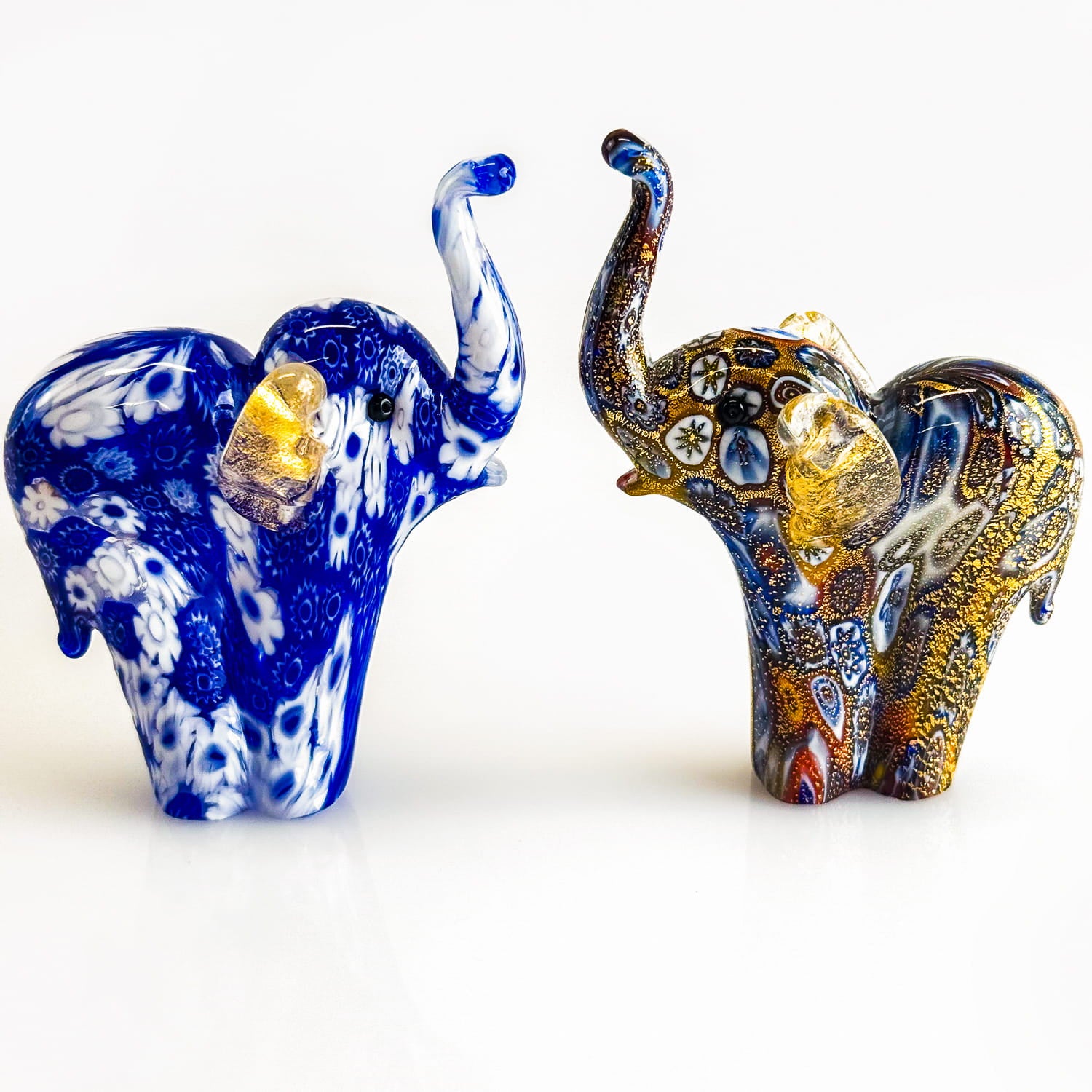 Murano glass elephant figurine with millefiori design and 24k gold accents, handcrafted in Italy by My Italian Decor.