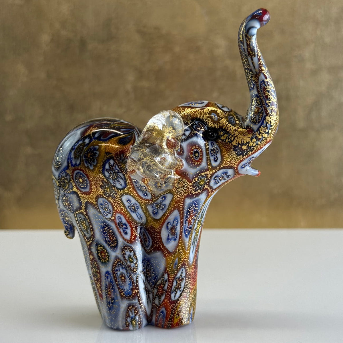 Murano Glass Elephant Figurine, Millefiori, 24k gold, Made in Italy