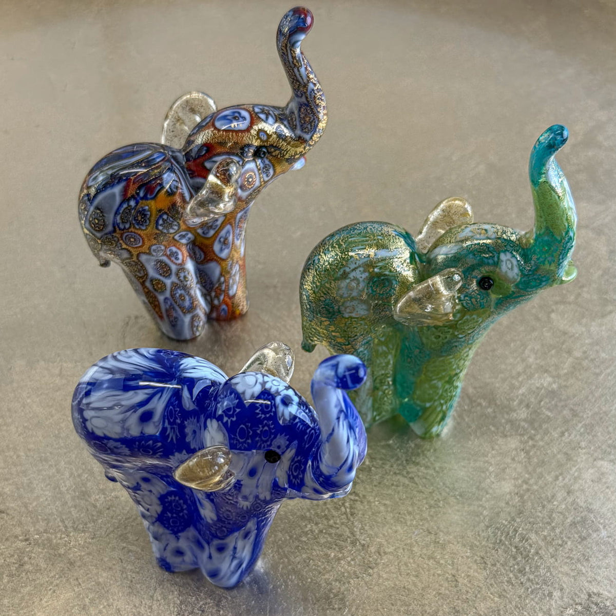 Murano Glass Elephant Figurine, Millefiori, 24k gold, Made in Italy