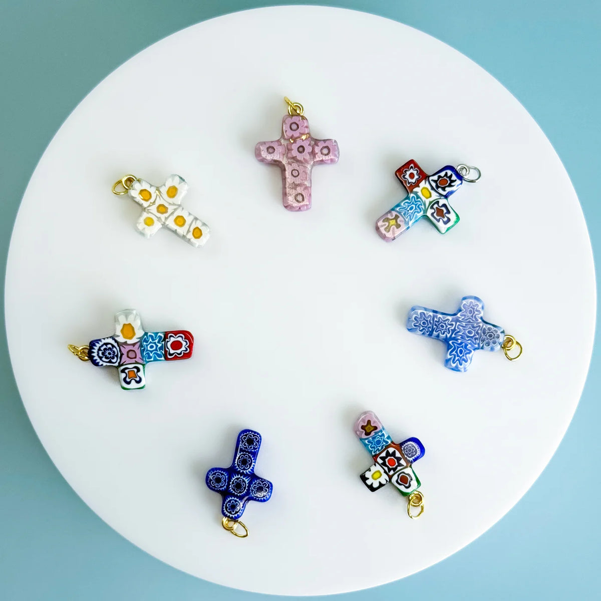 Colorful Millefiori cross pendant made in Italy featuring intricate glass designs, crafted by My Italian Decor.
