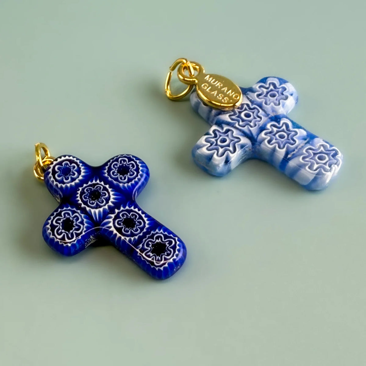 Italian-made Millefiori Cross pendant by My Italian Decor featuring colorful glass bead details on a silver chain.