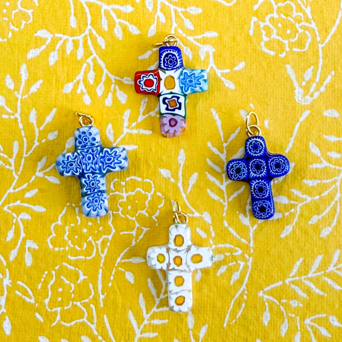 Colorful Millefiori cross pendant from Italy, featuring intricate glass design and silver-tone bail, crafted by My Italian Decor.