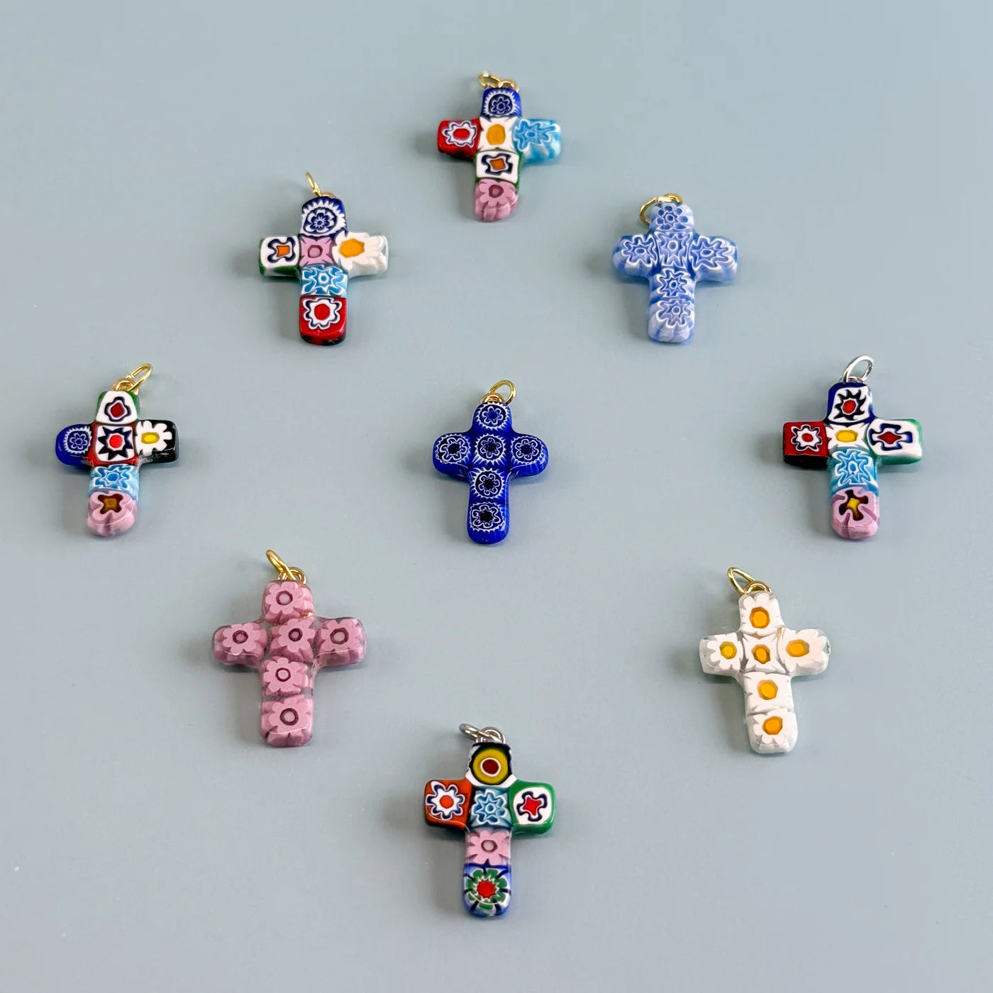 Italian Millefiori cross pendant by My Italian Decor featuring colorful glass beads on a silver chain.