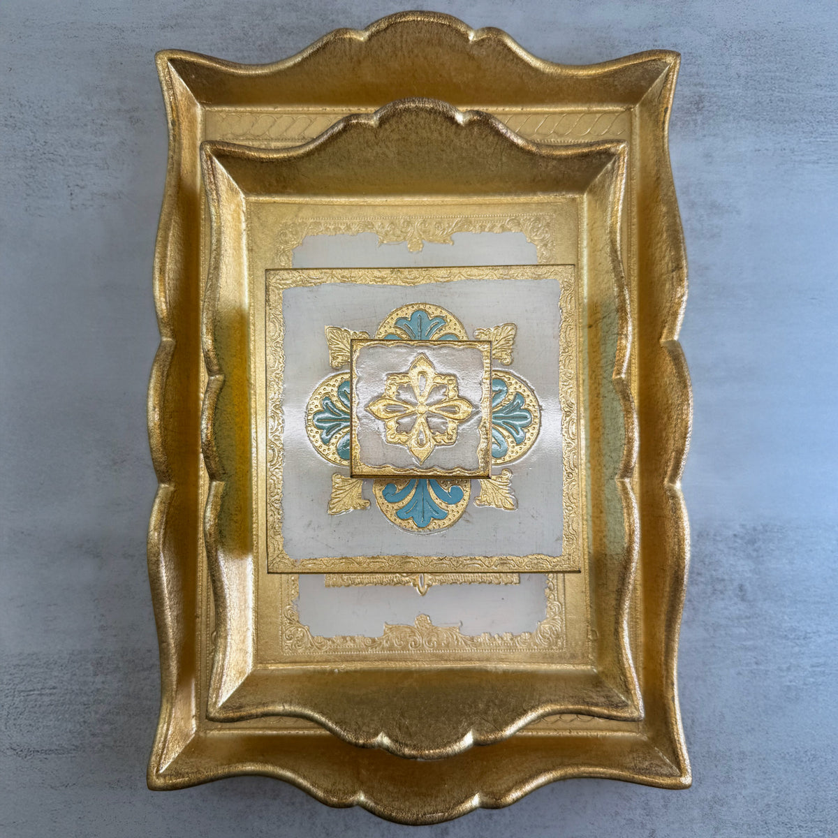 Decorative Florentine carved deep-sided rectangle tray by My Italian Decor, featuring intricate Italian craftsmanship.
