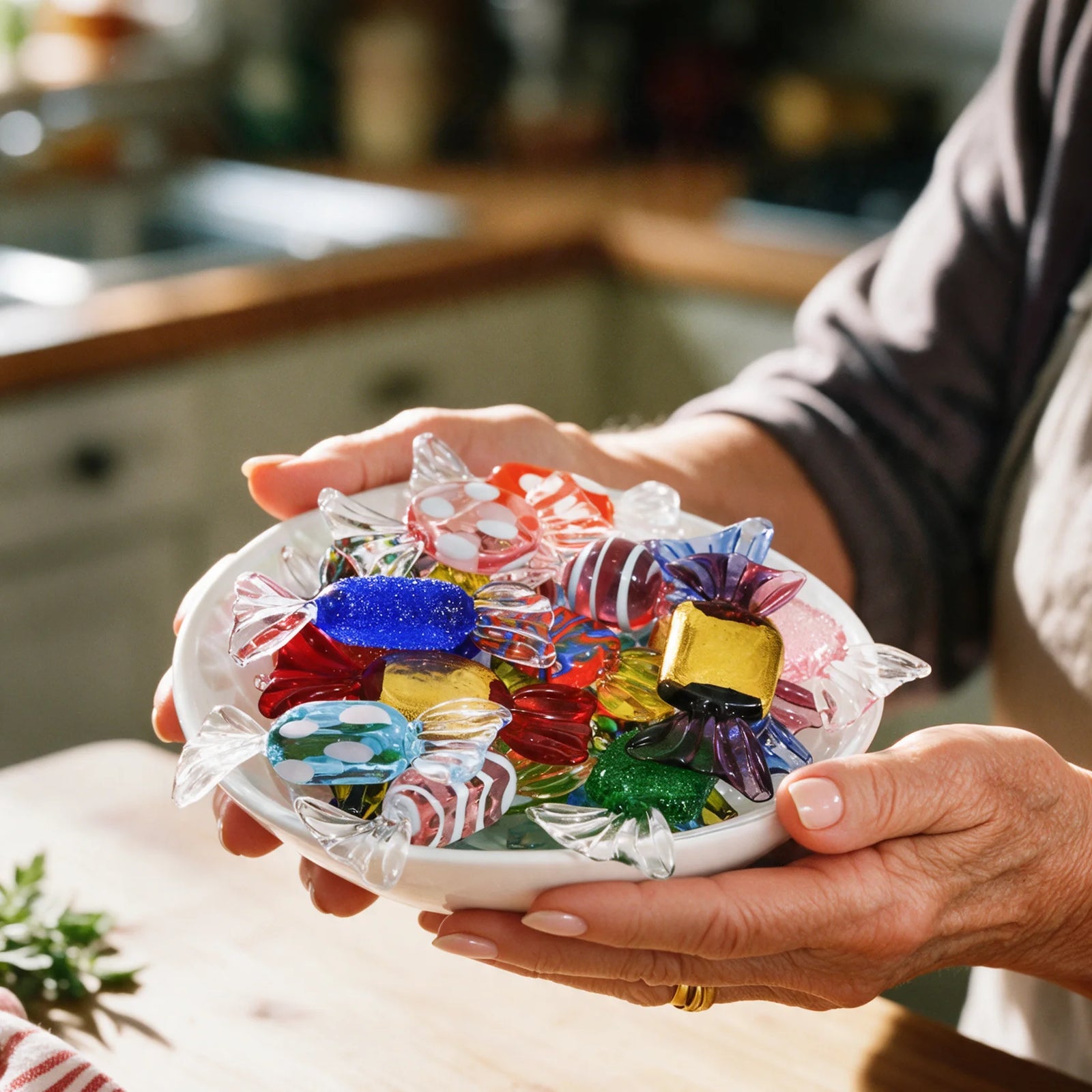 Set of three colorful Murano glass candy ornaments by MyItalianDecor, realistic artificial food decorations for display.