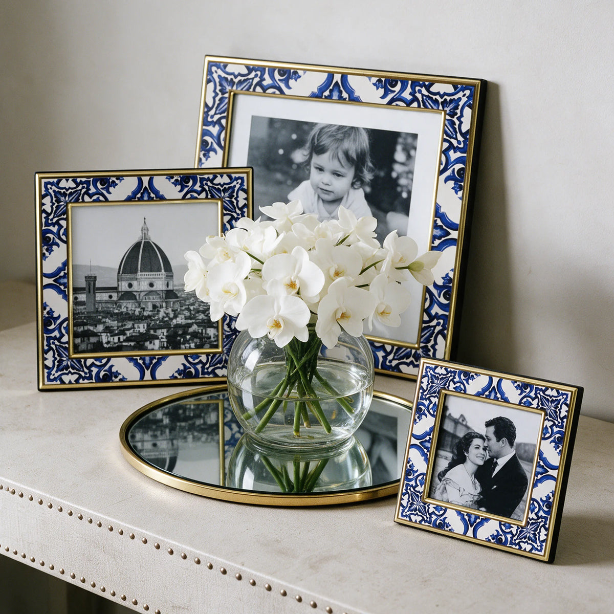 Square blue and white picture frame from My Italian Decor, showcasing a stylish photo display with classic design.