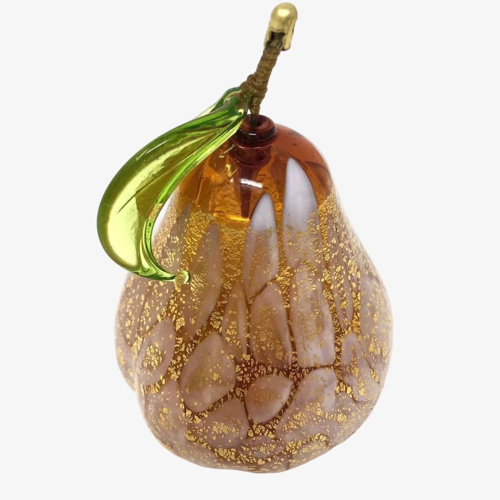 Murano Glass Hand Blown Macchia Pear with Gold Foil, Made In Italy