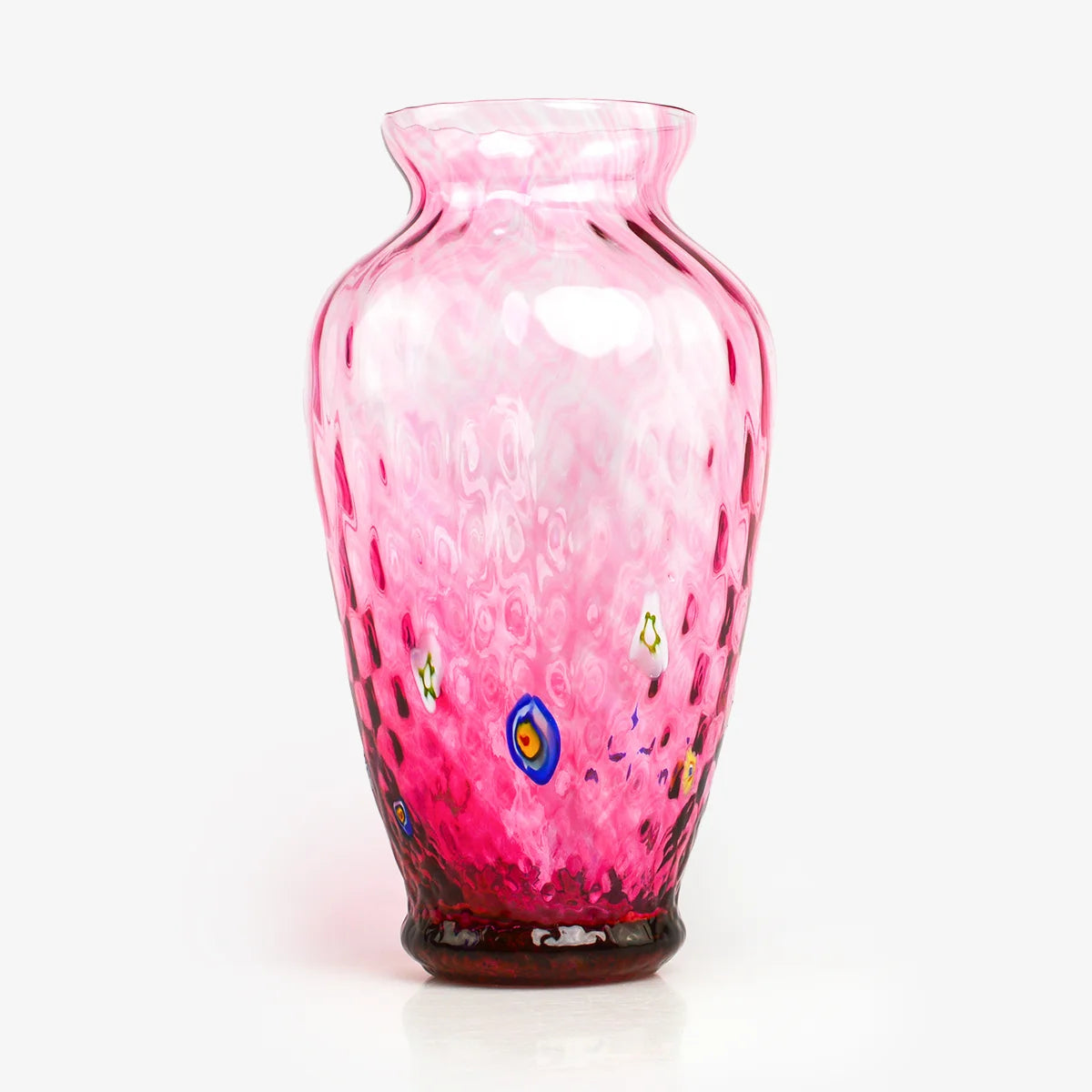 Large Millefiori Accent Murano Glass Vase by My Italian Decor, featuring colorful floral patterns and a glossy finish.