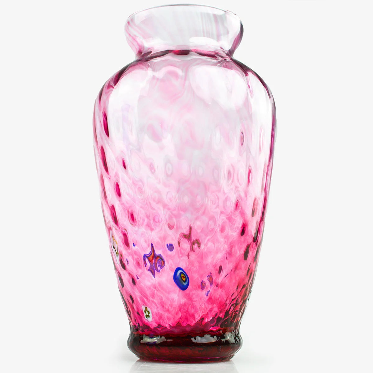 Large Millefiori Accent Murano Glass Vase by My Italian Decor, featuring colorful floral patterns and a classic Murano glass design.