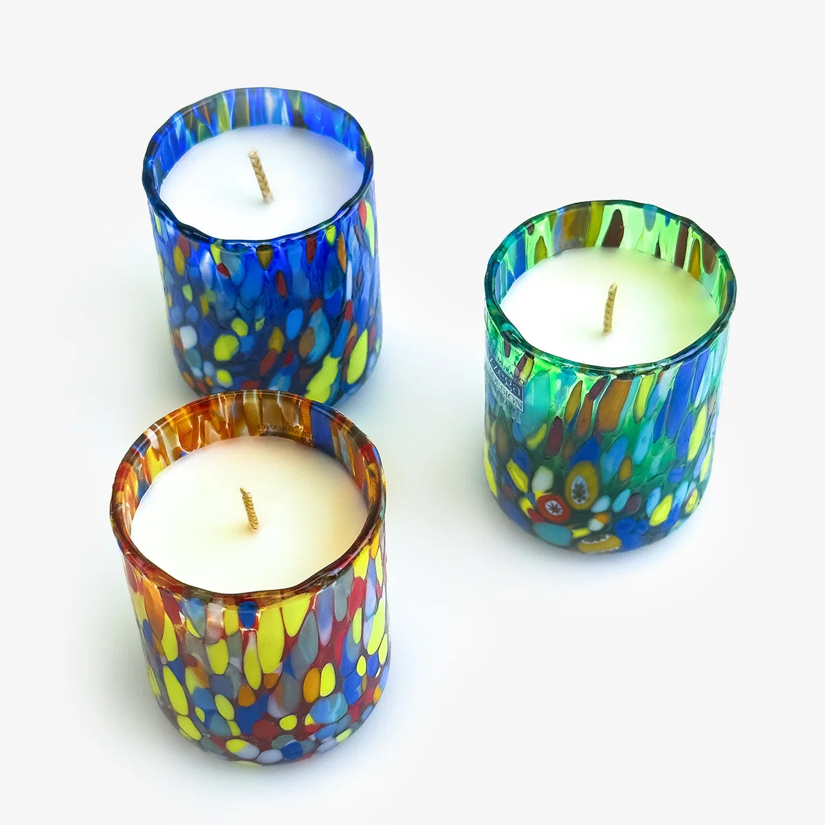 Boxed Set of 3 Shot Glass Votive Candles, Murano Glass
