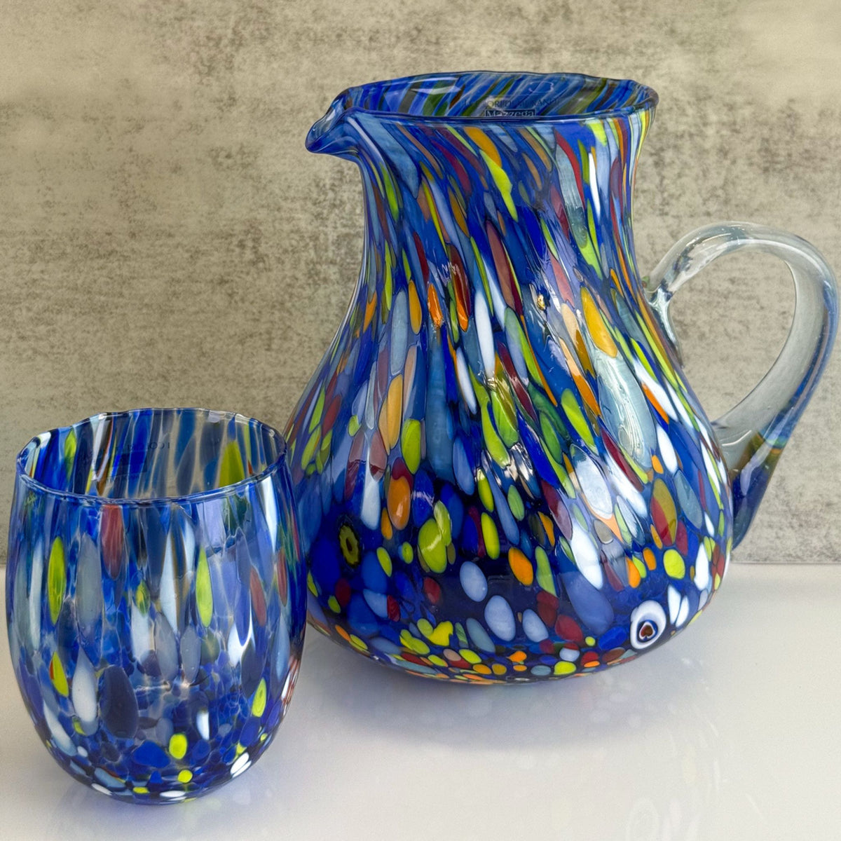 Round Glass Pitcher - Confetti Blue Jug - Made in Italy
