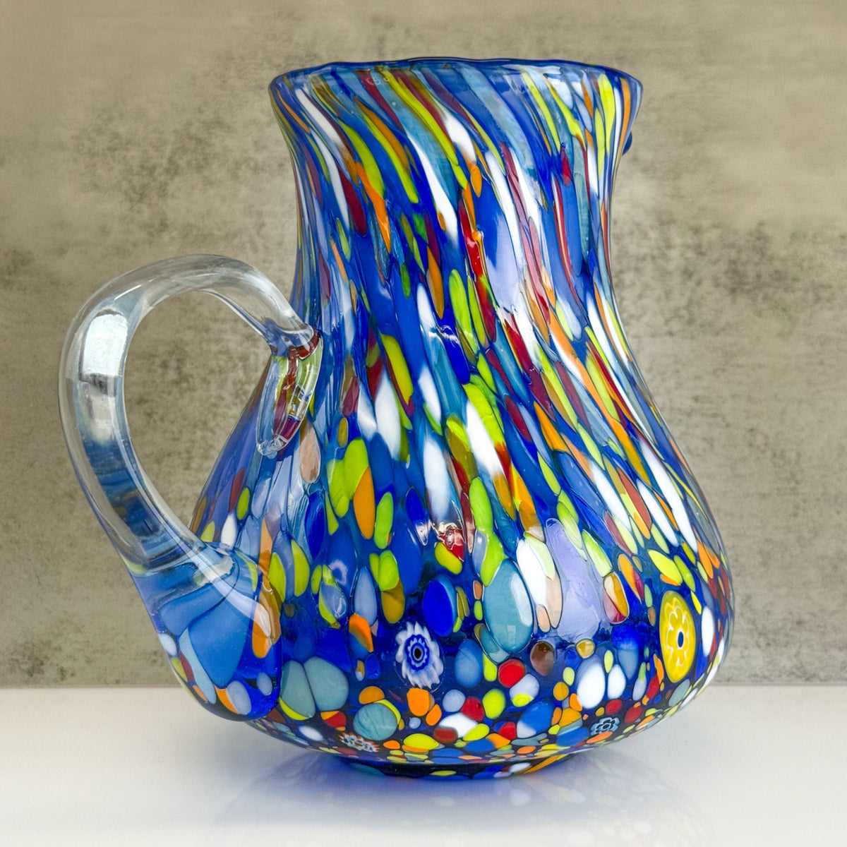 Round Glass Pitcher - Confetti Blue Jug - Made in Italy