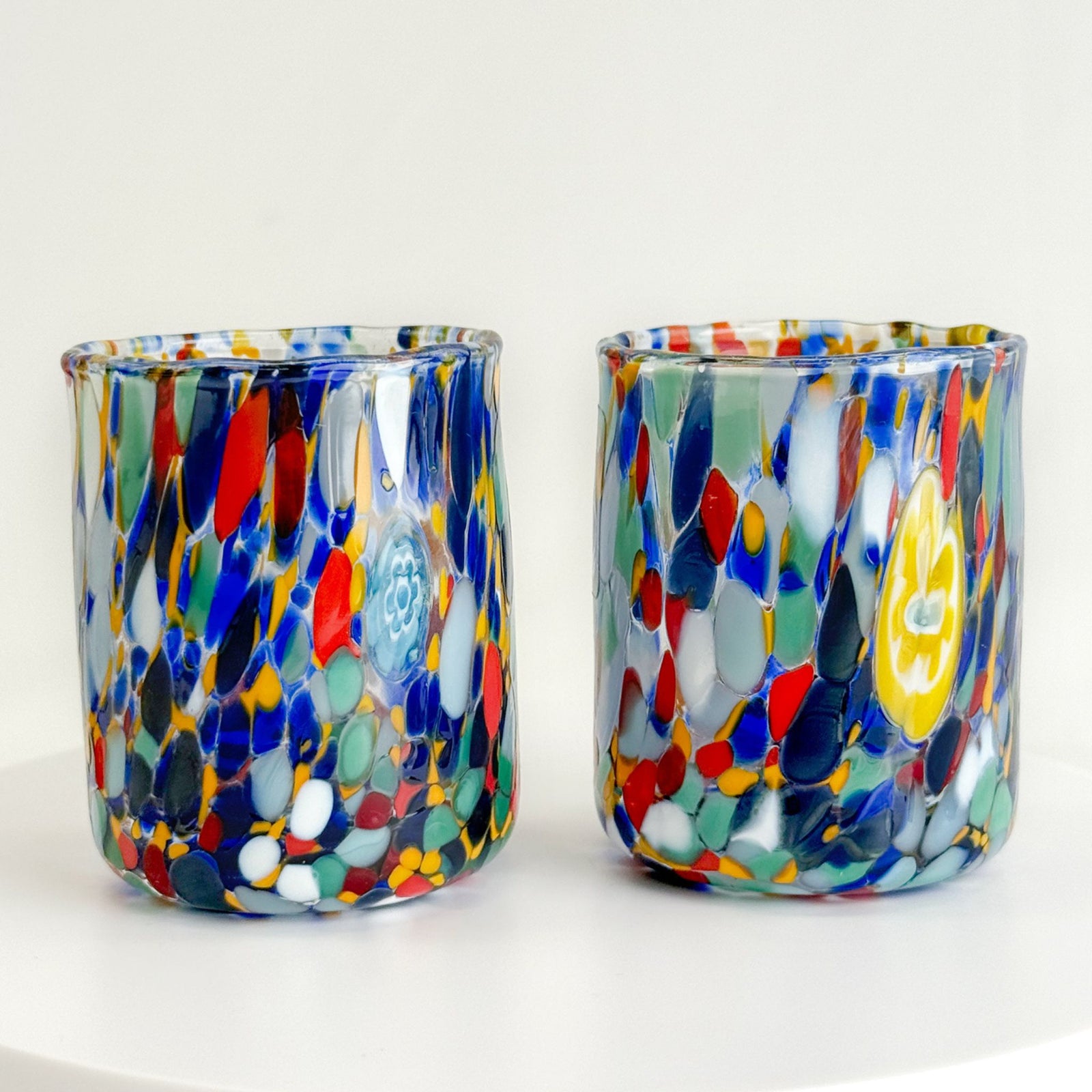 Set of six Mezzaga confetti shot glasses by MyItalianDecor, colorful tumblers made in Italy, featuring vibrant confetti patterns.