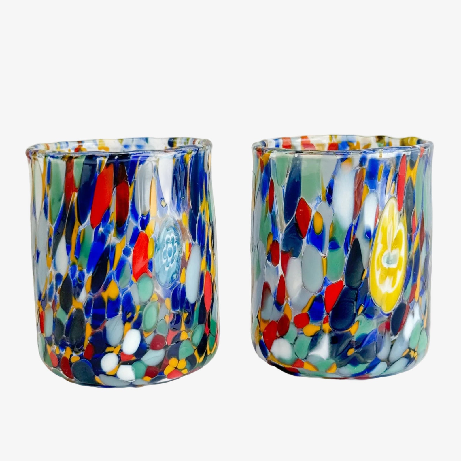 Set of 2 Murano glass small tumblers with colorful confetti design, handcrafted by MyItalianDecor.