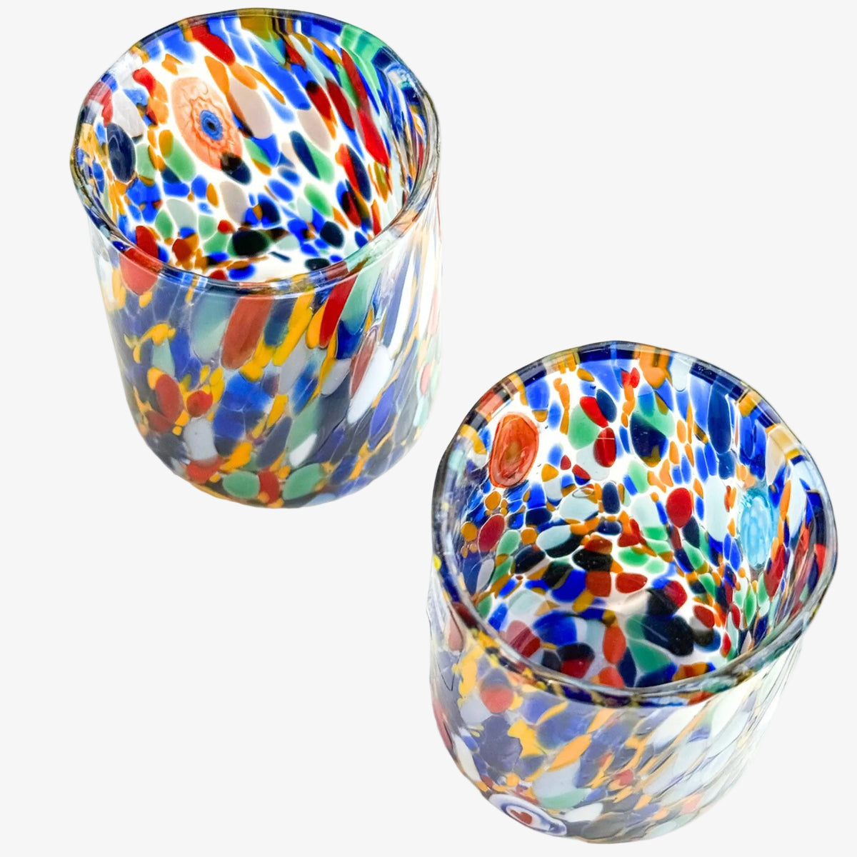 Set of 2 Murano glass small tumblers with colorful confetti pattern, crafted by MyItalianDecor for elegant drinkware.