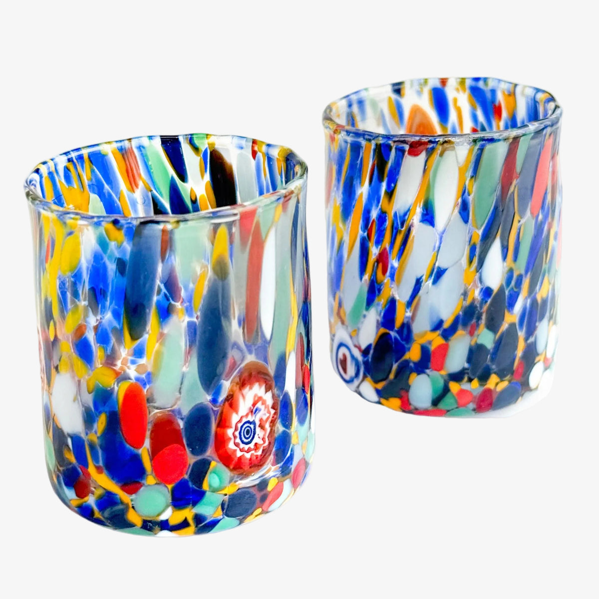 Set of 2 Murano glass small tumblers with colorful confetti design, crafted by MyItalianDecor, showcasing vibrant hand-blown glass.