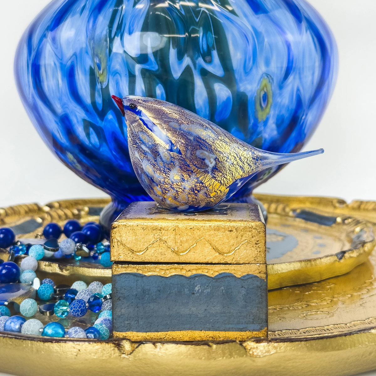 Large Sapphire Blue Millefiori Accent Murano Glass Vase