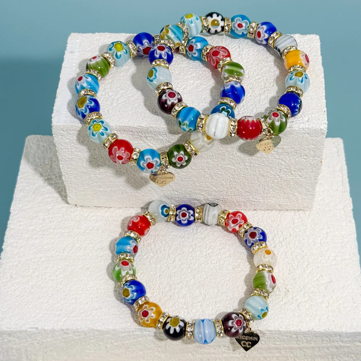 Murano Glass Millefiori Bead Elastic Bracelet, Made in Italy